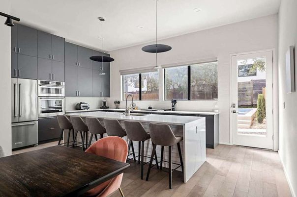 Interior, Kitchen, Pendant Lights, Recessed Lighting, Stainless Steel Appliances, Wood Texture Flooring