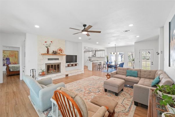 Dining room, Fireplace, Interior, Kitchen, Living room, Pendant Lights, Recessed Lighting, Wood Texture Flooring