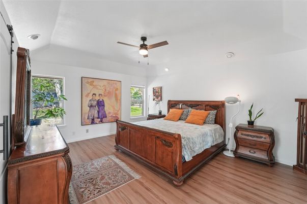 Bedroom, Interior, Recessed Lighting, Wood Texture Flooring