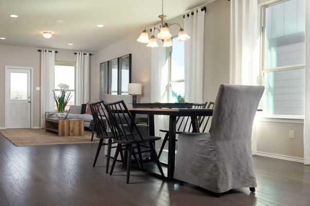 Chandelier, Dining room, Interior, Recessed Lighting, Wood Texture Flooring