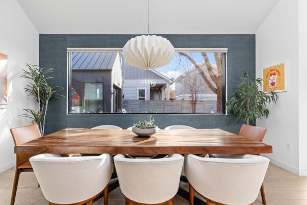 Dining room, Interior, Pendant Lights, Wood Texture Flooring