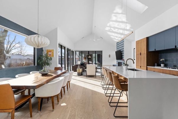 Dining room, Interior, Kitchen, Living room, Pendant Lights, Wood Texture Flooring