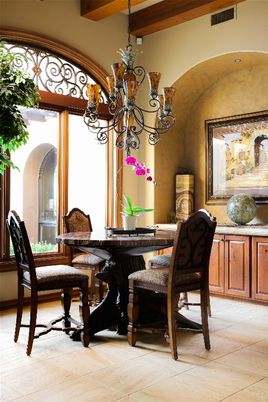 Chandelier, Dining room, Interior, Wooden Beams, Wood Texture Flooring