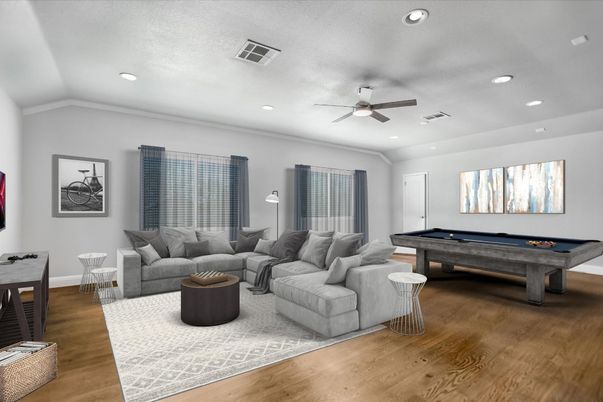 Billiard Table, Game Room, Interior, Living room, Recessed Lighting, Wood Texture Flooring