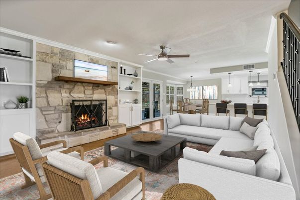 Dining room, Fireplace, Interior, Living room, Pendant Lights, Stone Walls