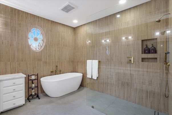 Bathroom, Free Standing Baths, Glass Shower, Interior, Recessed Lighting