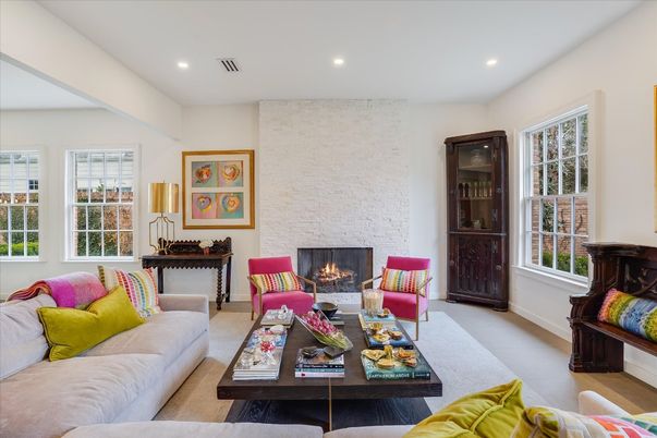 Fireplace, Interior, Living room, Recessed Lighting, Stone Walls