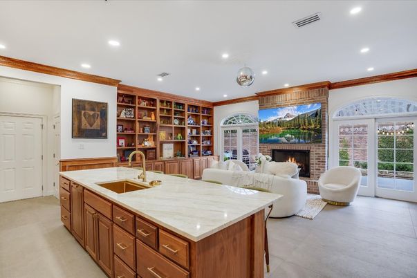 Fireplace, Interior, Kitchen, Living room, Recessed Lighting