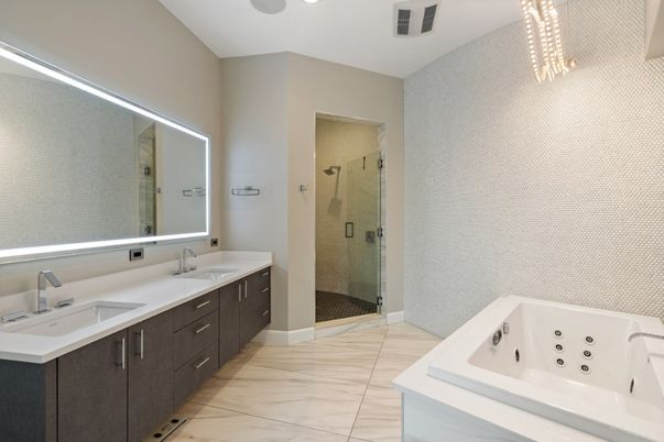 Bathroom, Dual Sink Vanities, Glass Shower, Interior, Recessed Lighting