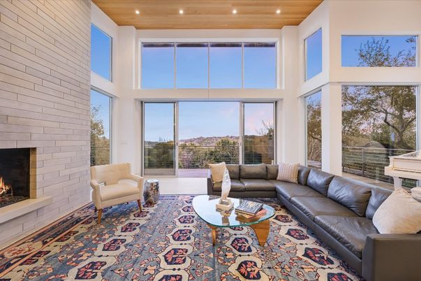 Fireplace, Interior, Living room, Recessed Lighting, Stone Walls, Wooden Ceilings