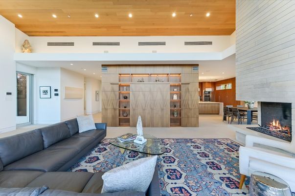 Dining room, Fireplace, Interior, Kitchen, Living room, Recessed Lighting, Stone Walls, Wooden Ceilings