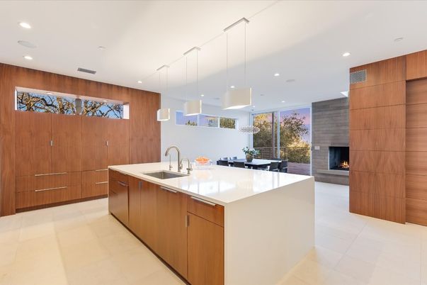 Fireplace, Interior, Kitchen, Pendant Lights, Recessed Lighting