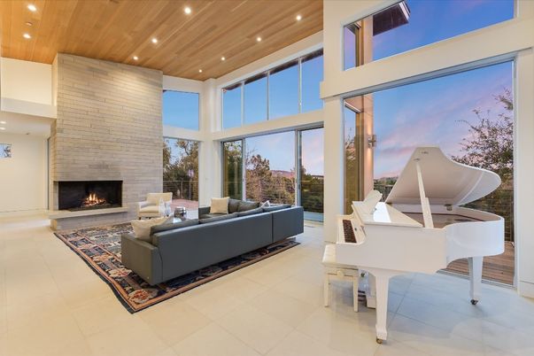Fireplace, Interior, Living room, Piano, Recessed Lighting, Stone Walls, Wooden Ceilings