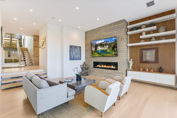 Fireplace, Interior, Living room, Recessed Lighting, Stone Walls, Wood Texture Flooring, Wooden Walls