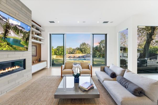 Fireplace, Interior, Living room, Recessed Lighting, Wood Texture Flooring