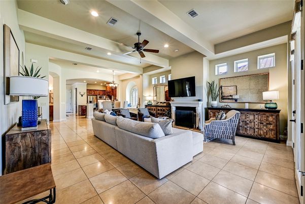 Chandelier, Dining room, Fireplace, Interior, Living room, Pendant Lights, Recessed Lighting
