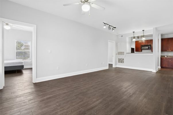Empty room, Interior, Kitchen, Pendant Lights, Wood Texture Flooring