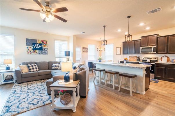Interior, Kitchen, Living room, Pendant Lights, Recessed Lighting, Stainless Steel Appliances, Wood Texture Flooring
