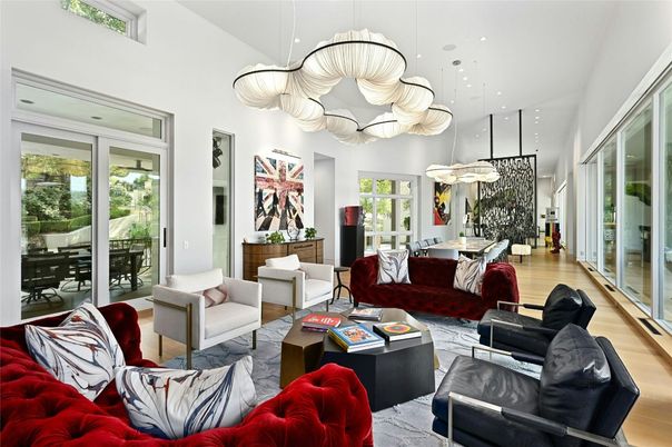 Dining room, Interior, Living room, Pendant Lights, Recessed Lighting, Wood Texture Flooring