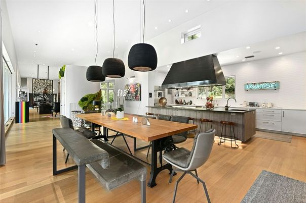 Dining room, Interior, Pendant Lights, Recessed Lighting, Wood Texture Flooring