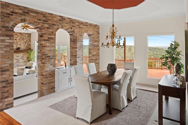 Chandelier, Dining room, Interior, Pendant Lights, Stone Walls