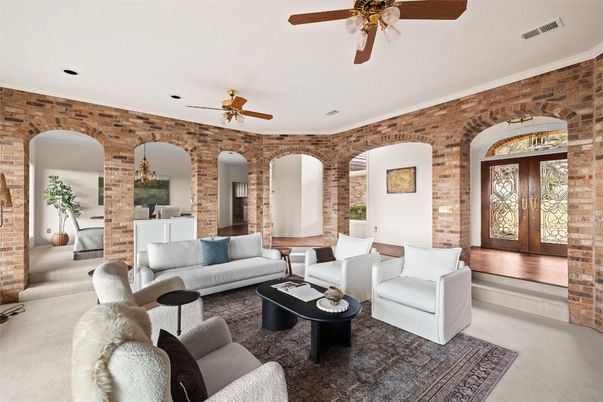 Interior, Living room, Recessed Lighting, Stone Walls, Wood Texture Flooring