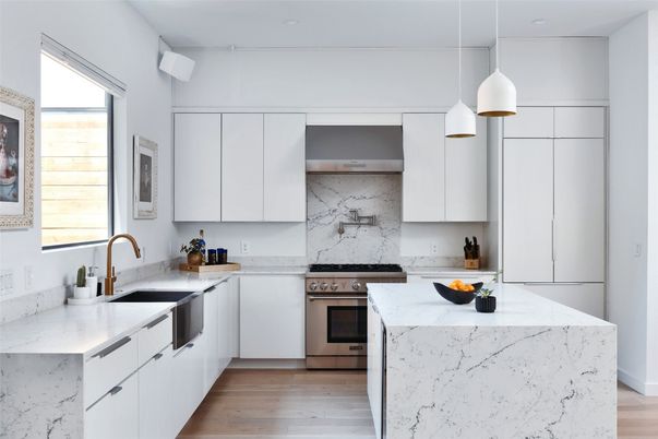 Interior, Kitchen, Marble Walls, Pendant Lights, Stainless Steel Appliances, Wood Texture Flooring