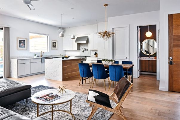 Dining room, Interior, Kitchen, Marble Walls, Pendant Lights, Recessed Lighting, Wood Texture Flooring