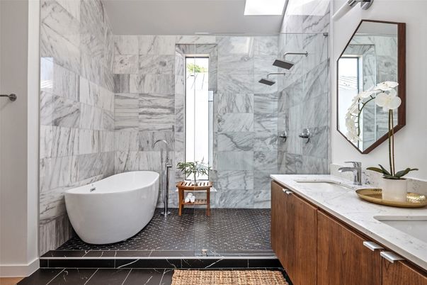 Bathroom, Dual Sink Vanities, Free Standing Baths, Glass Shower, Interior, Marble, Marble Walls