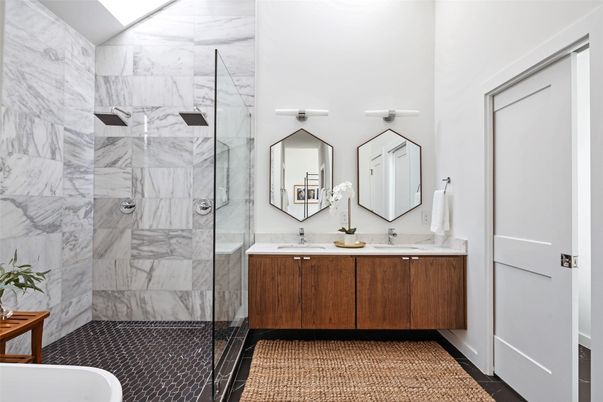 Bathroom, Dual Sink Vanities, Glass Shower, Interior, Marble Walls