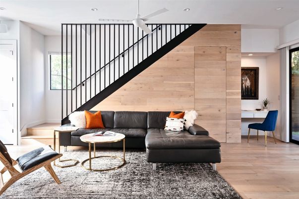Interior, Living room, Recessed Lighting, Wood Texture Flooring, Wooden Walls