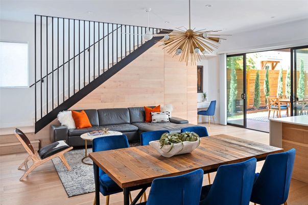 Dining room, Interior, Living room, Pendant Lights, Wood Texture Flooring, Wooden Walls