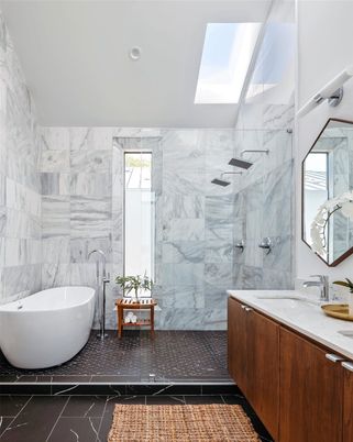 Bathroom, Dual Sink Vanities, Free Standing Baths, Glass Shower, Interior, Marble, Marble Walls, Recessed Lighting