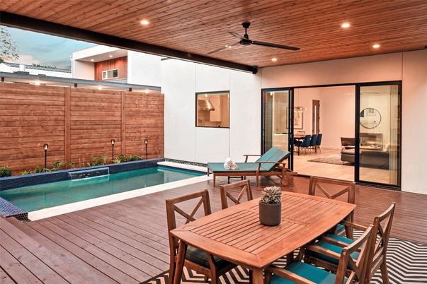 Exterior, Pool, Recessed Lighting, Wooden Ceilings