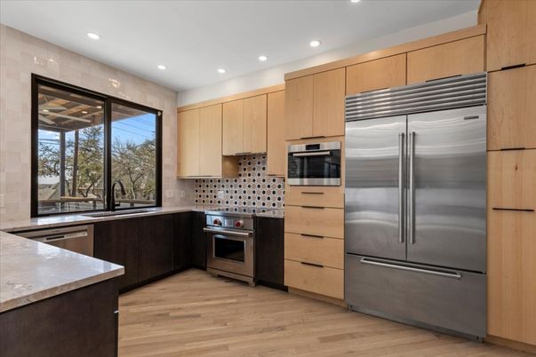 Interior, Kitchen, Recessed Lighting, Stainless Steel Appliances, Wood Texture Flooring