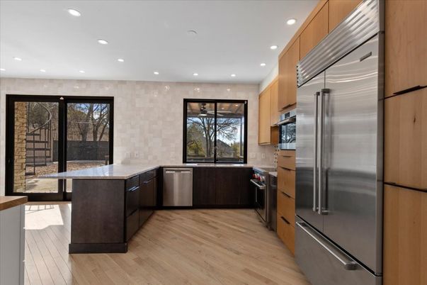 Interior, Kitchen, Recessed Lighting, Stainless Steel Appliances, Wood Texture Flooring