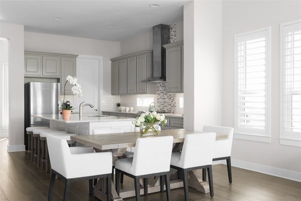 Dining room, Interior, Kitchen, Recessed Lighting, Stainless Steel Appliances, Wood Texture Flooring
