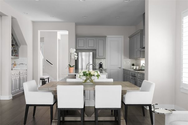 Dining room, Interior, Kitchen, Recessed Lighting, Stainless Steel Appliances, Wood Texture Flooring