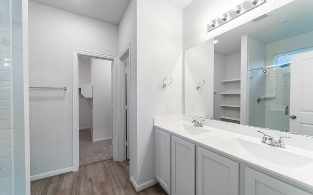 Bathroom, Dual Sink Vanities, Glass Shower, Interior, Wood Texture Flooring