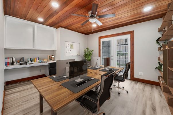 Home Office, Interior, Recessed Lighting, Wooden Ceilings, Wood Texture Flooring