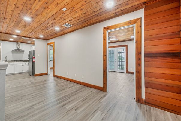 Interior, Kitchen, Recessed Lighting, Wooden Ceilings, Wood Texture Flooring