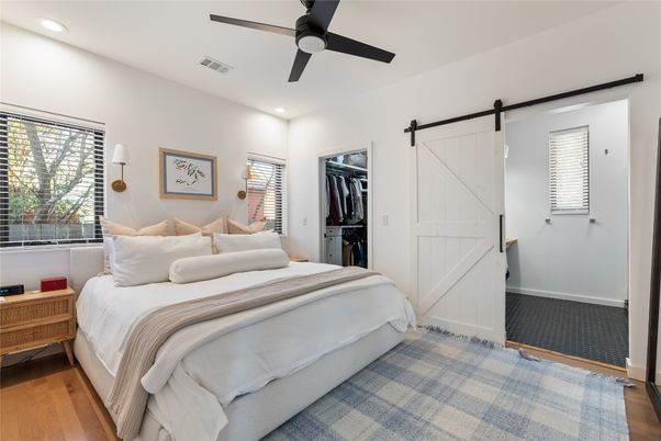 Bedroom, Interior, Recessed Lighting, Wood Texture Flooring