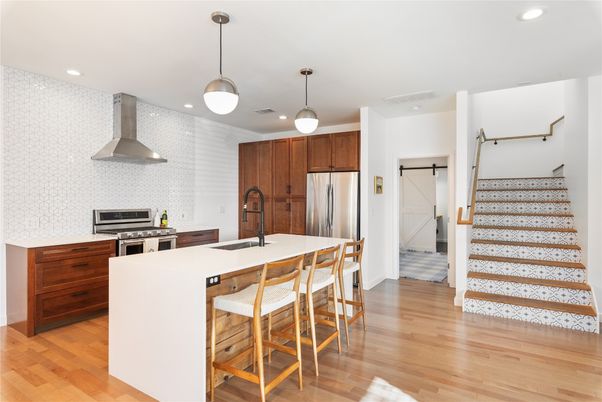Interior, Kitchen, Pendant Lights, Recessed Lighting, Stainless Steel Appliances, Wood Texture Flooring