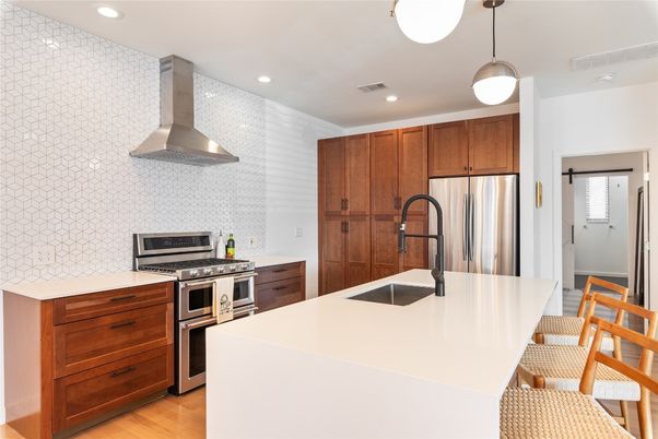 Interior, Kitchen, Pendant Lights, Recessed Lighting, Stainless Steel Appliances, Wood Texture Flooring