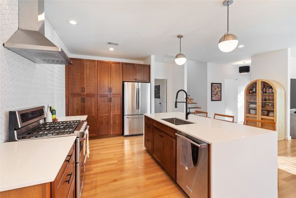 Interior, Kitchen, Pendant Lights, Recessed Lighting, Stainless Steel Appliances, Wood Texture Flooring