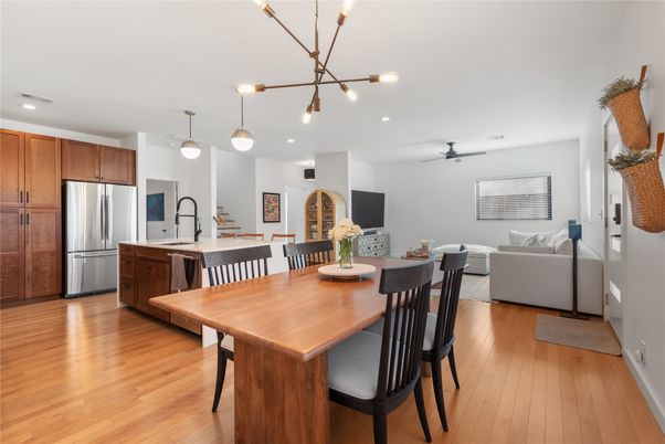 Dining room, Interior, Kitchen, Living room, Pendant Lights, Recessed Lighting, Stainless Steel Appliances, Wood Texture Flooring