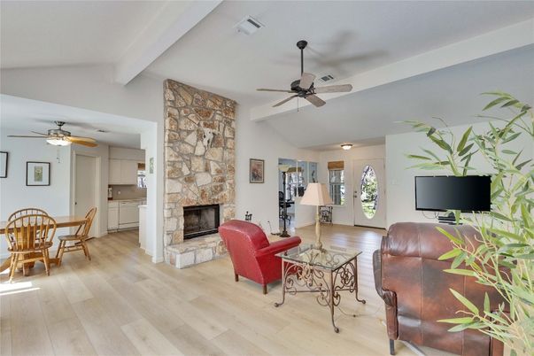 Dining room, Fireplace, Interior, Living room, Stone Walls, Wood Texture Flooring
