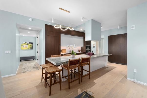 Dining room, Interior, Kitchen, Pendant Lights, Recessed Lighting, Wood Texture Flooring
