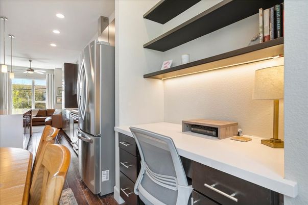 Home Office, Interior, Kitchen, Pendant Lights, Recessed Lighting, Stainless Steel Appliances, Wood Texture Flooring