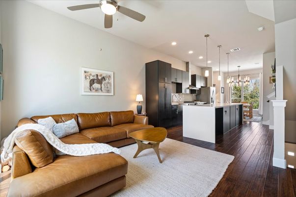 Interior, Kitchen, Living room, Pendant Lights, Recessed Lighting, Stainless Steel Appliances, Wood Texture Flooring